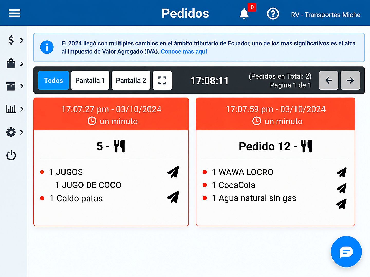 IMAGEN 2 — captura de la comanda con su tiempo y un producto ya despachado