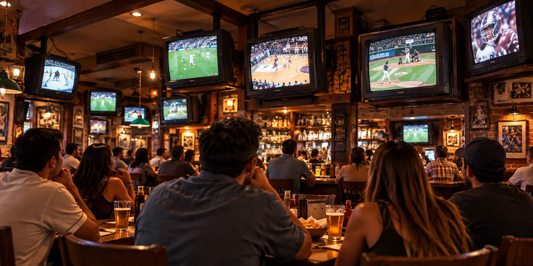 IMAGEN 1 — sports bar de 1998 con decenas de televisores de tubo