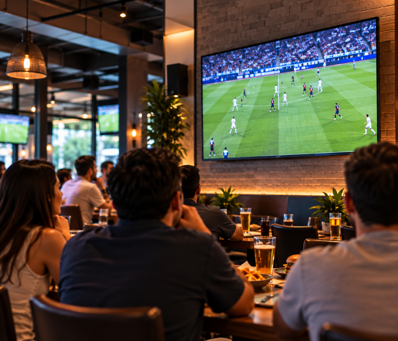 IMAGEN 2 — una pantalla plana actual y una mesa siguiendo el partido